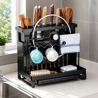 Stainless Steel Utensil Holder, Modern Countertop Cutlery Drainer with Double Chopstick & Rag Rack, Drip Tray for Small Kitchens