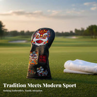 Waterproof Embroidered Lion Dance Headcover Wear-Resistant PU Leather Golf Club Protector Unique Design for Beginners, Women, Outdoor Sports