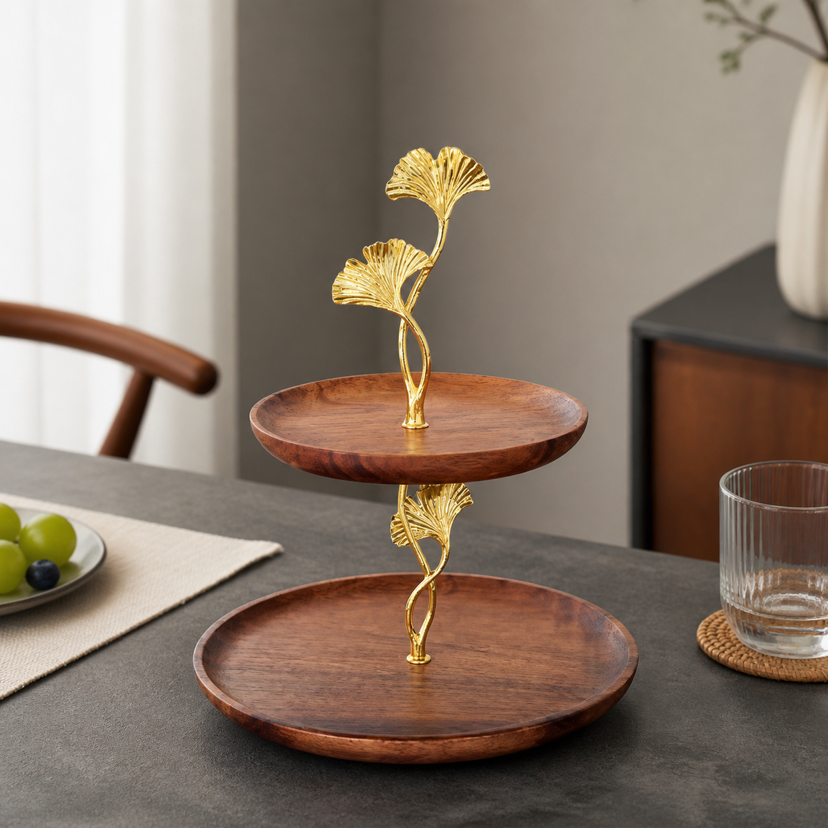 Walnut Wood Double Layer Serving Stand, Wooden Dessert Display Cake Stand, for Fruit & Cake, Home Entertaining