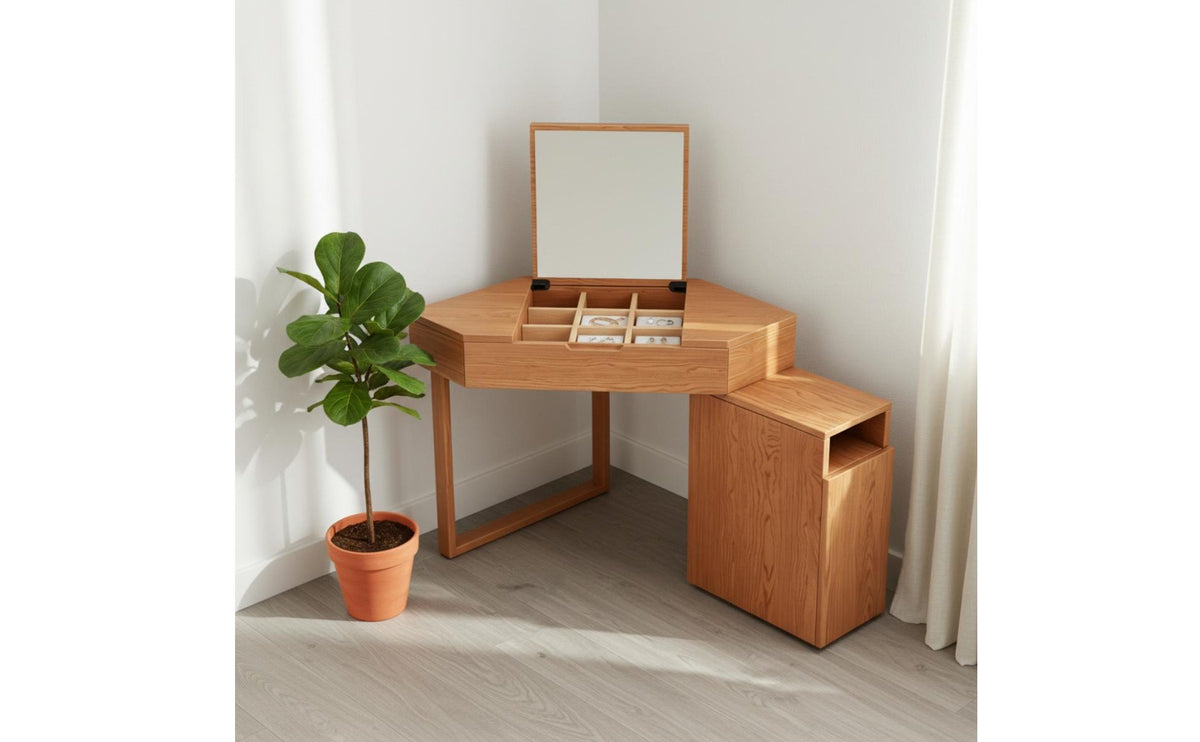 Corner Vanity Desk with Mirror Space-Saving Triangular Makeup Table Set Built-in Storage Hinged Lid Vanity with Side Cabinet for Small Apartment