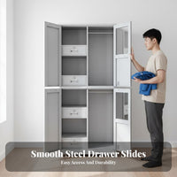 Dormitory Loft Bed with Drawers Space-Saving Steel Bunk Bed with Storage Guardrails Metal Wardrobe Cabinet for Workers, Adults, Hostel, Bedroom