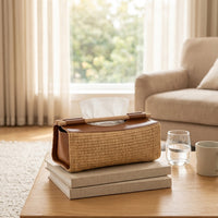 Tissue Paper and Rattan Tissue Box for Bedroom Decor, Rectangular Tissue Box Holder with Pull-Tab Handle, Home Office Desk Organizer, Gift