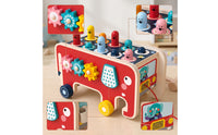 Fine-Motor Wooden Elephant Toy with Hammer Educational Whack-Acritter Toy with Wheels Interactive Wooden Activity Cart with Gears Toddler for Toddlers, Young Children, Playroom, Daycare