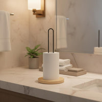 Wooden Base Paper Towel Rack Freestanding Countertop Paper Towel Stand Minimalist Design Kitchen Roll Holder for Washroom, Desktop