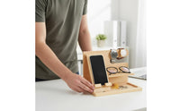Multi-Functional Wooden Phone Charging Stand Easy Assembly Watch and Glasses Holder Bedside Organizer Station for Men, Desktop, Office, Entryway