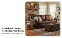 Brown Leather Two-Seater North American Country design Living Room Furniture Oil-Waxed Finish Couch for Apartment Dwellers, two people, Study, Office, Bedroom