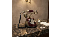 Burgundy-Red Vintage Rotary Telephone Gold-Tone Accents Decorative Tabletop Telephone Ornate Old Fashioned Corded Phone Coiled Cord