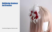Christmas Feather Headband, Victorian Style, Elegant Red Cream Plume Hair Accessory, Handmade Hat and Brooch