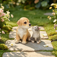 2 Pieces Puppy and Kitten Statue Outdoor Resin Garden Ornament Dog Statue Weatherproof Dog Figurine Hand-Painted for Pet Lovers