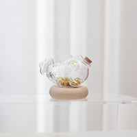 Decorative Aquatic Shaped Jar Borosilicate Glass Jar with Wood Base Clear Glass Bottle with Cork Stopper Cute for Collectors, Minimalists, Shelf, Desk, Home Office