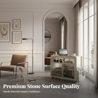 Solid Wood Frame Mobile Sofa Side Cabinet Sintered Stone Top Rolling End Table Retro Design Rolling Side Table Easy to Move for Apartment Dwellers, Homeowners, Office Workers, Bedroom, Small Areas, Study