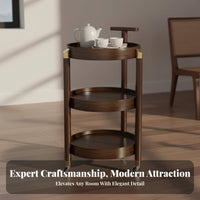Solid Wood Construction Mobile End Table Space-Saving Design Tiered Wooden Trolley Multi-Purpose 2 Tier Rolling Cart Raised Edges for Apartment Dwellers, Homeowners, Entertainers, Living Room, Kitchen, Bedroom, Office