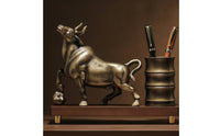Pen Holder with Bull Statue Decorative Bull Statue Pen Cup Desk Organizer Metal-Finish Sculptural for Collectors, Office, Study