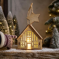 Christmas Village LED Light-Up Wooden House Ornaments with Snow and Trees for Holiday Decor