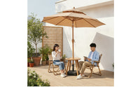 Patio Umbrella with Base UPF 50+ Two-Tiered Top Patio Umbrella Wood Look for Cafes, Backyard, Balcony, Camping