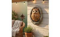 Feather-Textured Owl Wall Hanging Bark-Like Frame Resin Owl Ornament 3D Carved Details for Garden, Courtyard