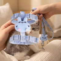 Cat Harness and Leash Set with Cartoon Design, Adjustable Soft Nylon Vest Harness for Small Cats, Outdoor Walking Gear in Various Colors
