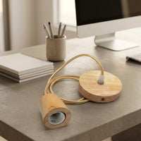 Desk Lamp and Table Lamp Base in Wood, Pendant Light Fitting with E27 Lamp Bulb, 1m Woven Cord for Kitchen Lighting, DIY Square Bulb Holder Base