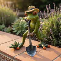 Frog Statue with Shovel Handmade Craft Frog on Shovel Sculpture Yard Art Hand-Painted Outdoor Decor Easy to Install for Desktop