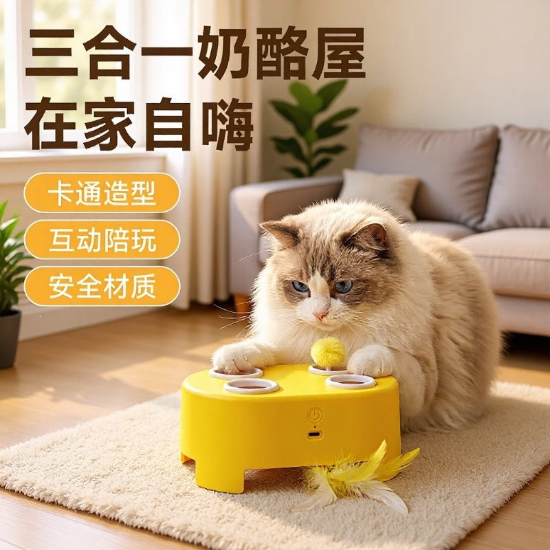 跨境智3合1奶酪屋智能宠物解闷神器猫盘玩具打地鼠羽毛逗猫玩具
