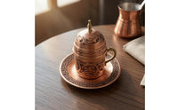 Handmade Copper Coffee Cup Set Engraved Turkish Coffee Cup Floral Pattern Drinkware Saucer