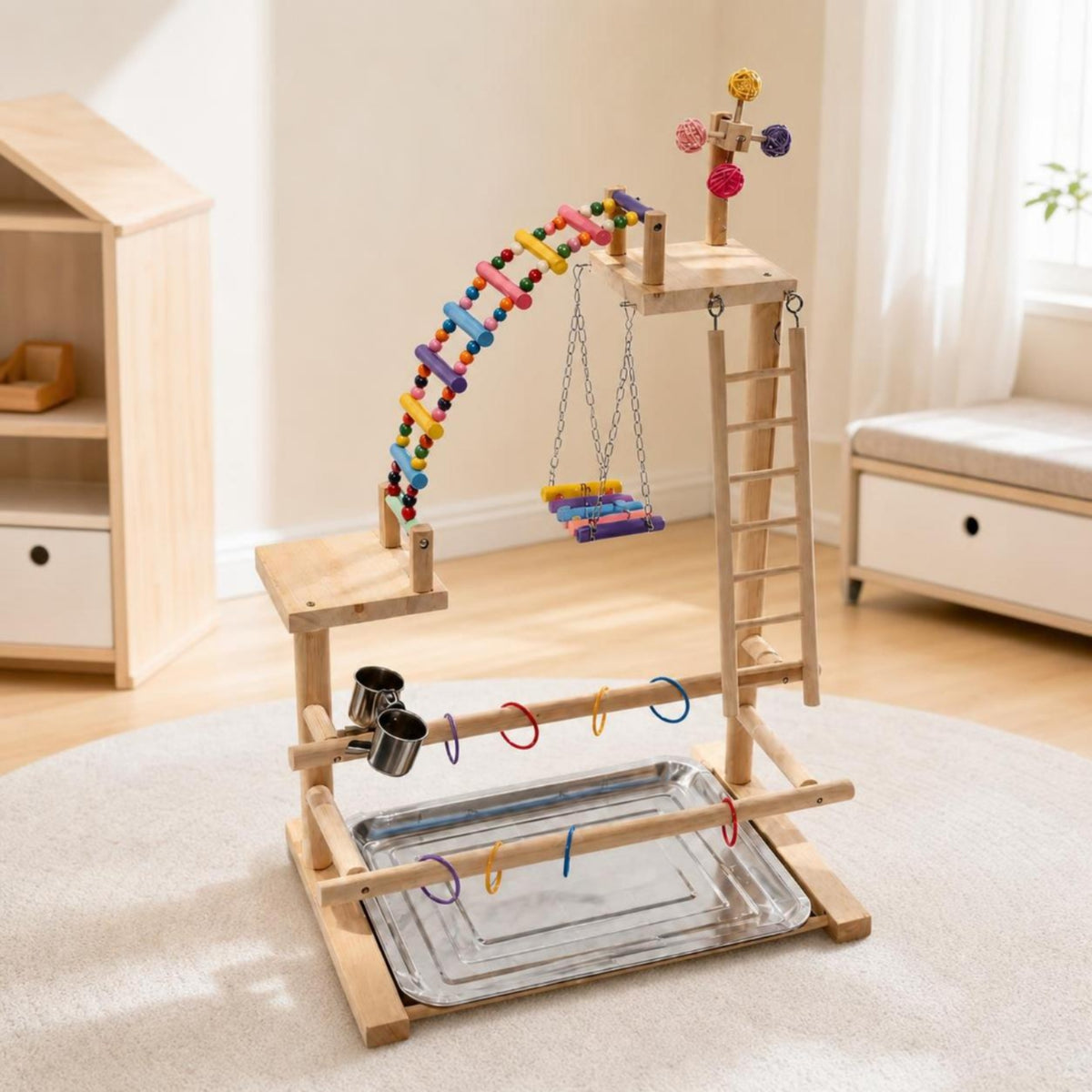 Bird Play Stand with Feeder Cups Wooden Parrot Activity Center Sturdy Avian Gym with Tray for Floor