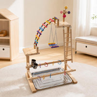 Bird Play Stand with Feeder Cups Wooden Parrot Activity Center Sturdy Avian Gym with Tray for Floor