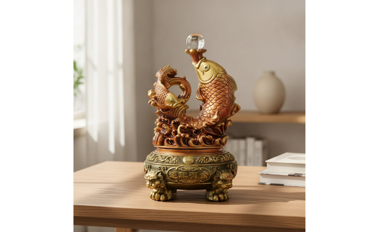 Fish Figurine with Rotating Sphere | Feng Shui, Traditional Chinese, Tabletop Ornament, for Living Room