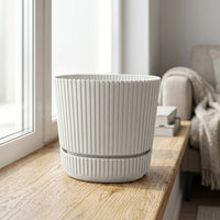 Modern Planter and Plant Pots Set of 2, Ribbed Square Flower Pots with Drainage Holes, Indoor Plant Pot with Tray for House Plants and Flowers