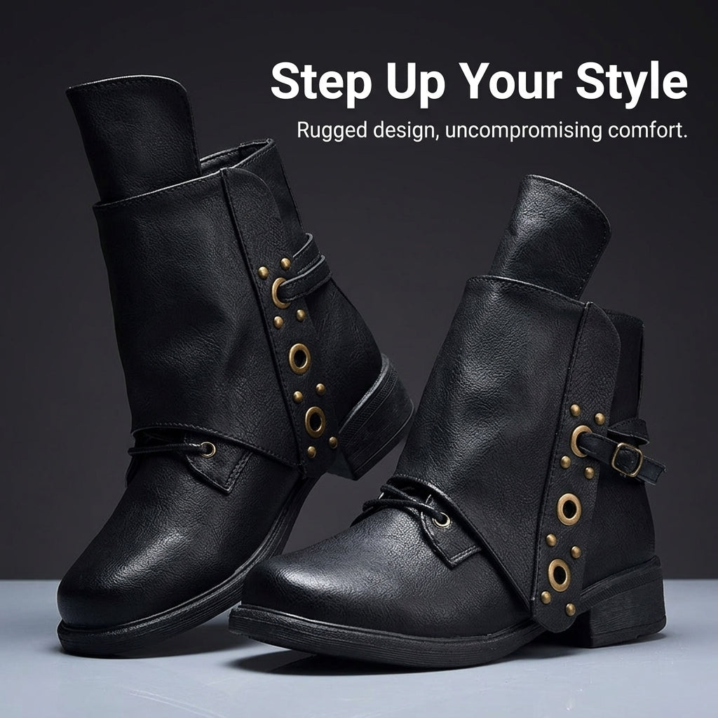 Boots for Women, Stylish PU Leather for Winter Wear, Square Toe Ankle with Chunky Heel and Side Zipper, Lace Up Design for Casual
