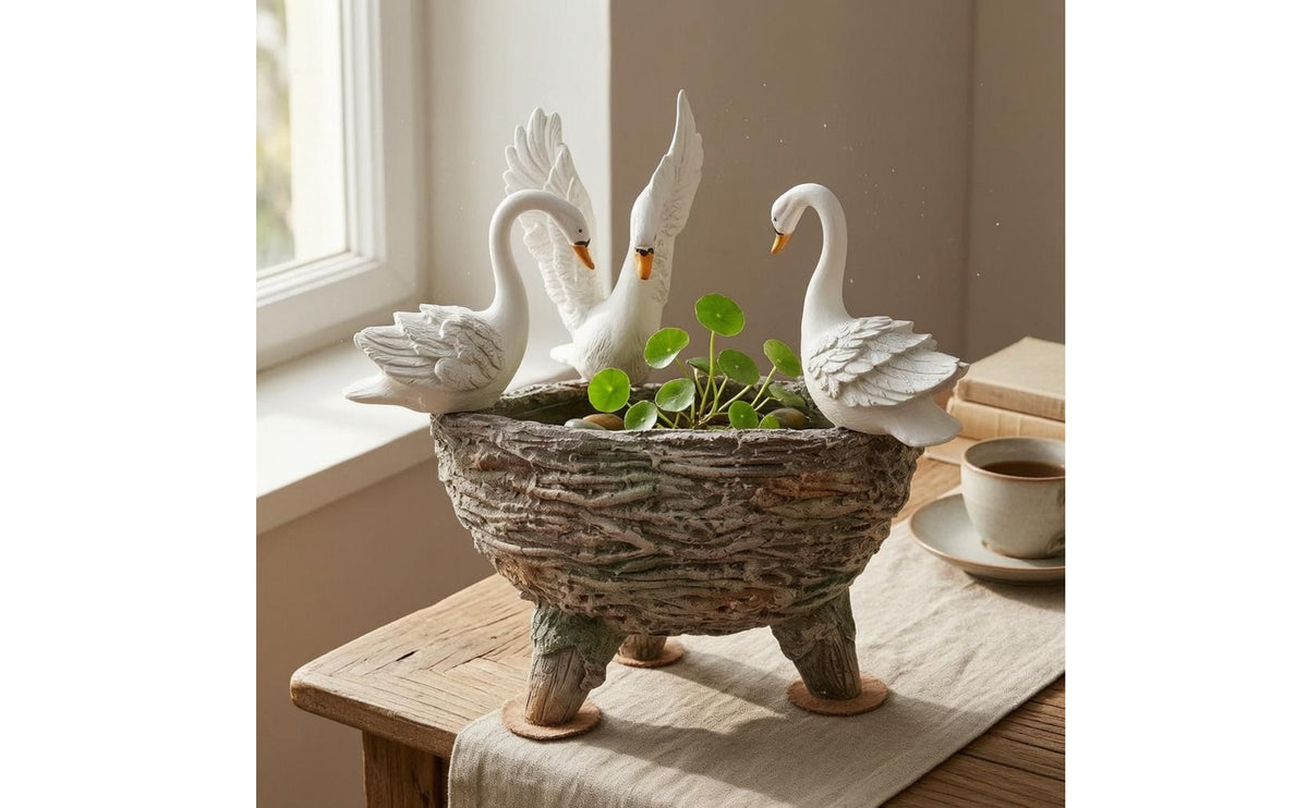 Swan Garden Sculpture Planter Stone-Like Swan-Shaped Planter Textured Home Decor for Courtyard, Tea Table
