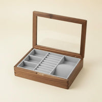 Walnut Wood Jewelry Case Vintage Style Wooden Jewelry Box Clear View Lid Multi-Compartment Organizer for Bedroom