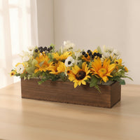 Helianthus Centerpiece with Wooden Planter Summer Floral Arrangement Decorative Decor for Shelf