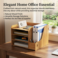 Desk Storage Organizer for Office Supplies, Multi-Tier Wooden File Rack for A4 Documents, Desktop Organiser Letter Tray for Students