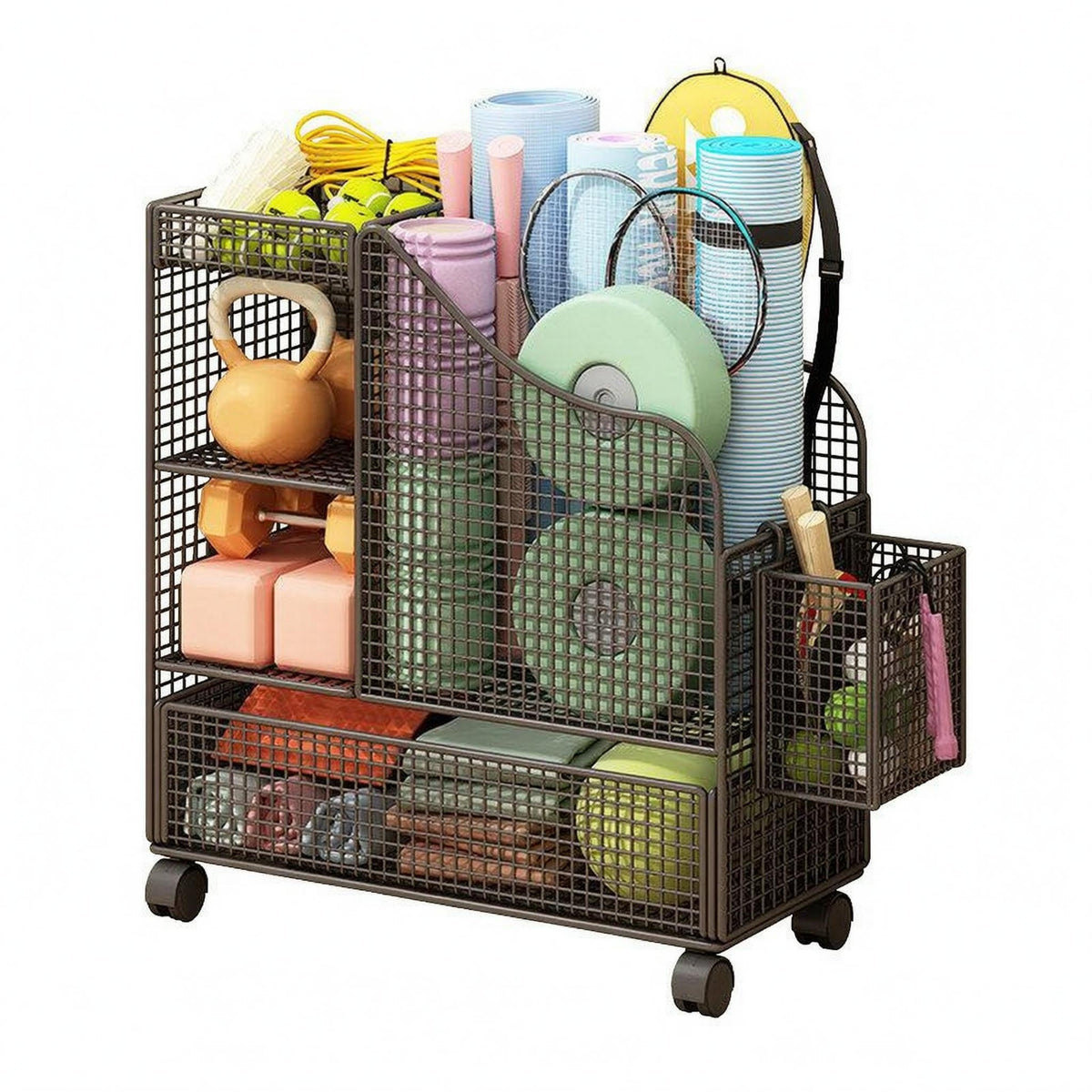 Rolling Mesh Storage Carrier Side Basket Exercise Mat Carrier Curved Guard Exercise Mat Rack Grid Wire