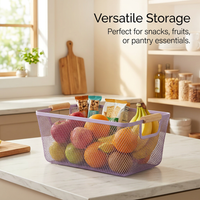 Metal Storage Basket with Wooden Handle, Hollow Mesh Organizer Basket for Kitchen & Office, Wire Basket for Storing Fruits & Supplies