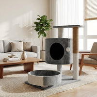 Cat Activity Center with House and Hammock, 2-Level Perch featuring Scratching Board, Simple Style Indoor Kitten Play Area for Small Areas