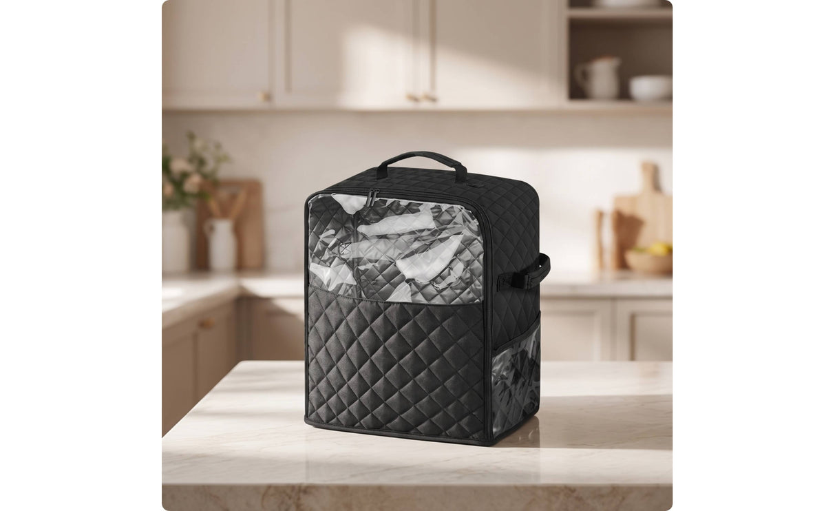 Quilted Blender Storage Bag with Side Pocket Clear Front Mixer Cover with Handle Padded Mixer Cover with Pockets Zippered for Kitchen Countertop