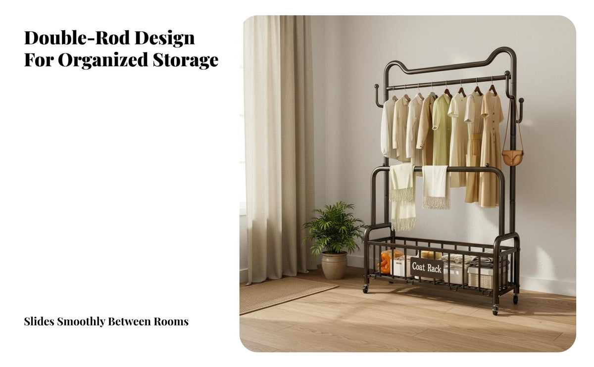 Large Capacity Rolling Clothes Rack with Wheels Stable & Sturdy Rolling Clothes Rack Space Saving Double Rod Garment Stand with Basket Easy Assembly for Homeowners, Families, Bedroom, Laundry Room, Entryway, Walk-in Closet
