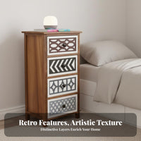 Rustic Design Carved Drawer Chest Distressed Finish Geometric Pattern Drawer Chest Compact Size Bedside Table Sturdy Construction for Homeowners, Interior Design Enthusiasts, Bedroom, kid's Room, Entryway, Hallway