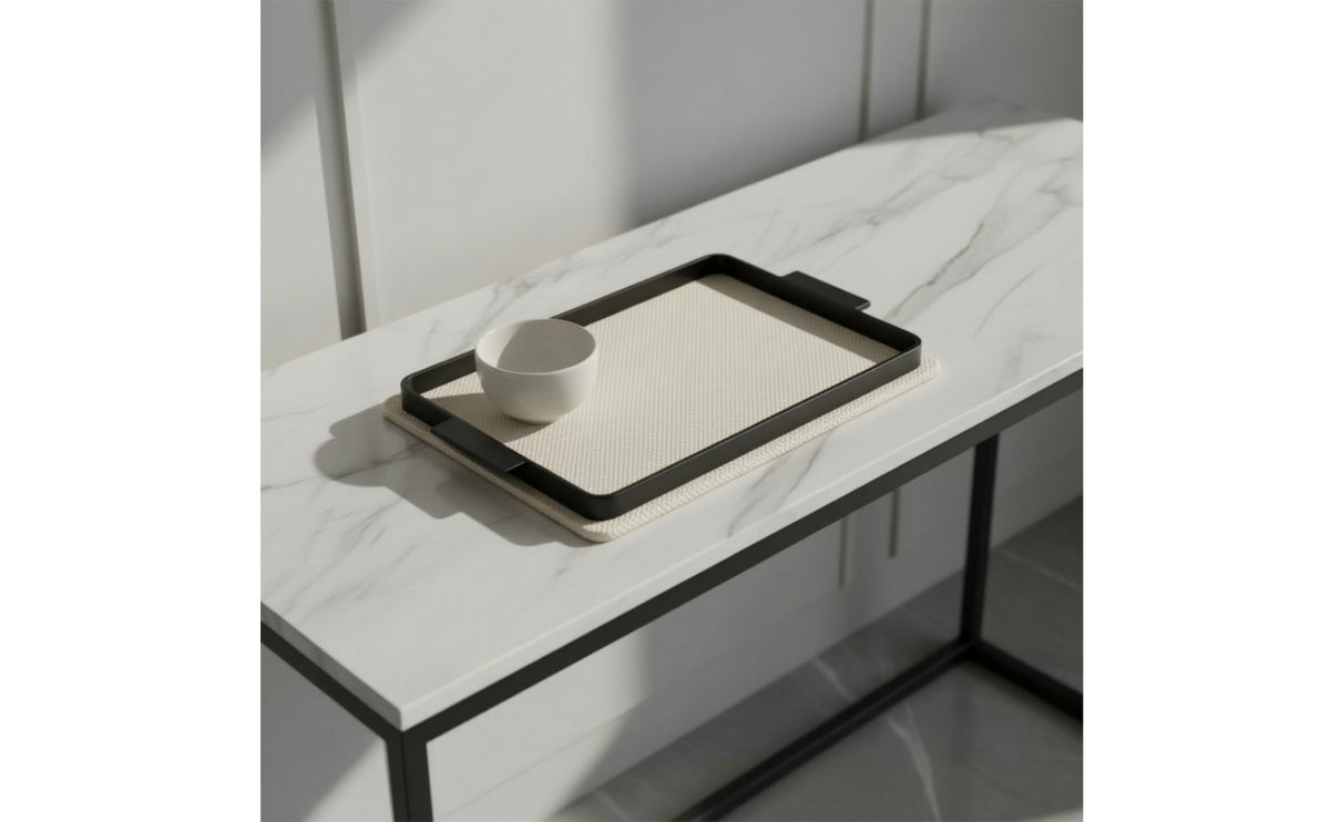 Decorative Tray with Metal Frame Woven-Texture Rectangular Serving Tray with Handles Low-Profile for Tabletop Display, Coffee Table
