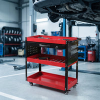 Stable Three-Tier Tool Cart with Drawer Customizable Mobile Service Cart with Pegboard Secure Rolling Workshop Organizer Vertical for DIY Enthusiasts, Repair Station