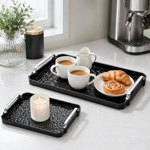 Black Hammered Texture Rectangular Serving Tray with Handles