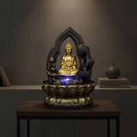 Black and Gold Fountain with Buddha Figure Textured Tabletop Water Fountain Small Zen-Style for Desk