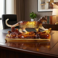 Leaping Cat Ornament Honey-Hued Animal Statue Modern Decor for Office