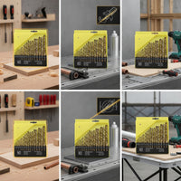 19 Pieces High-Speed Steel Twist Drill Bit Set HSS Drill Bit Set with Case Spiral Fluted Tool Black and Gold for Woodworking