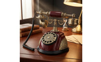 Mahogany Finish Message Recorder Phone Gold-Tone Hardware Vintage Rotary Telephone Metal Accents Decorative Filigree Telephone