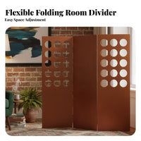 Retro Design 3-Panel Folding Screen Solid Wood Frame 3-Panel Circle Cutout Screen Foldable Room Divider Decorative for Guesthouse Owners, Homeowners, Awayice Workers, Bedroom, Studio Apartment