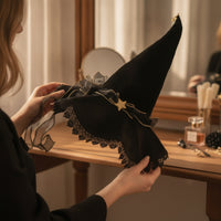 Wide Brim Velvet Witch Hat with Lace Gothic Halloween Witch Hat Floppy Soft for Women, Witches, Cosplayers, Costume Parties, Cosplay, Photo Shoots