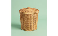 Fitted Lid Lidded Storage Basket Cylindrical Round Rattan Basket Natural Tan Home Organizer Loop Knob